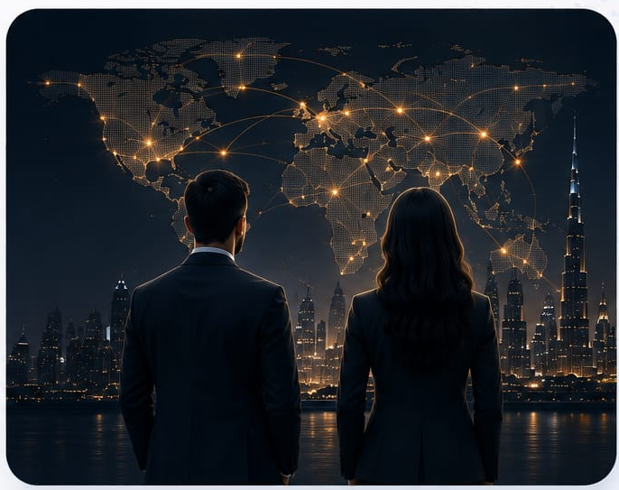 Two agents looking out over the Dubai skyline at night with a glowing global network map above the city