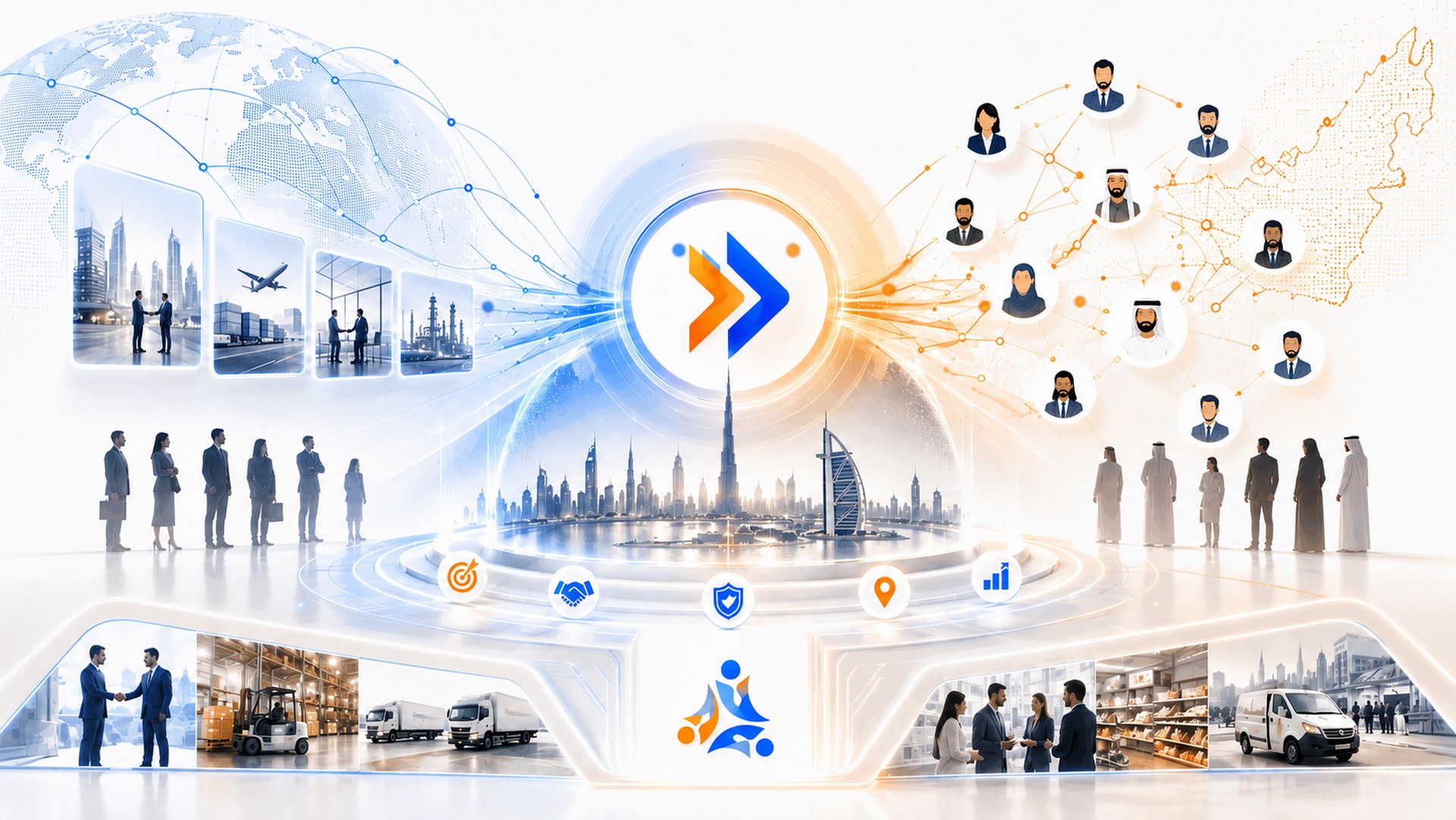 Illustration of international companies connecting through verified UAE agents to buyers and distributors across Dubai