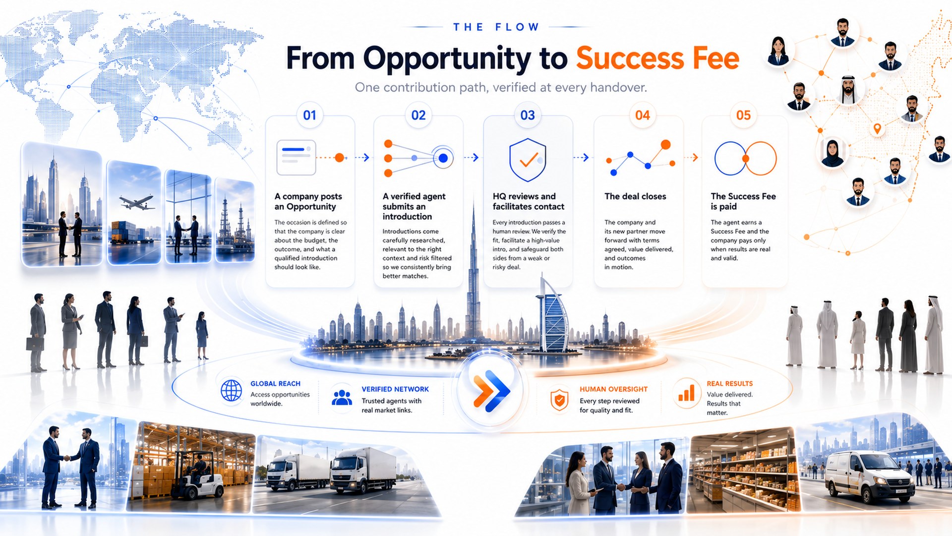 Illustration of the SalesIn flow: a company posts an opportunity, a verified agent submits an introduction, HQ reviews it, the deal closes and the Success Fee is paid, set against the Dubai skyline