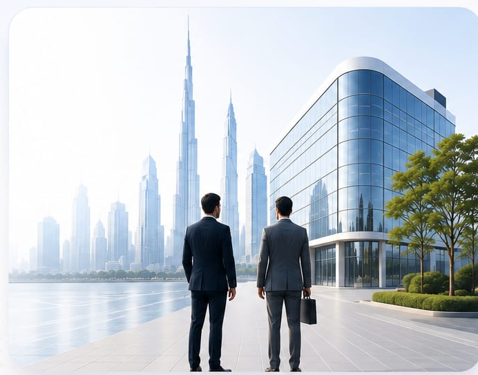 Two business executives walking towards a modern glass office tower with the Dubai skyline behind them